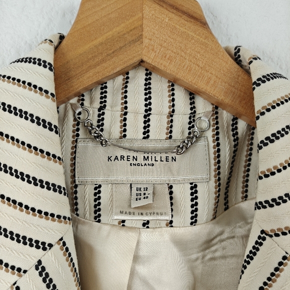 KAREN MILLEN Linen Blend Blazer Jacket Button Up Cream Striped Womens Size 8 - Picture 5 of 16
